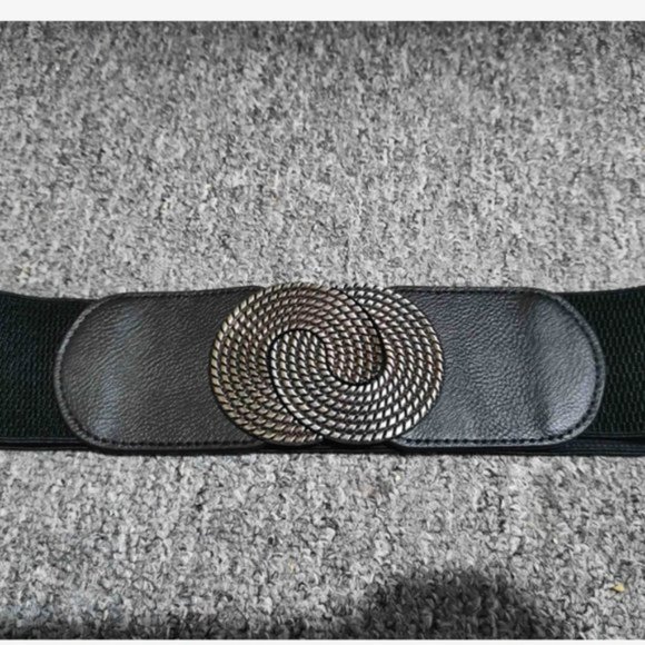 Black Symmetrical Round Buckle Wide Elastic Belt - Picture 7 of 9